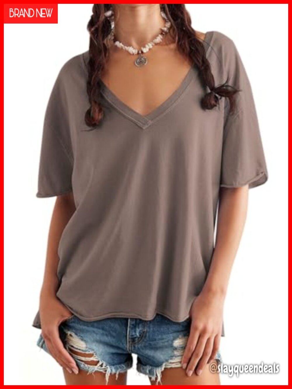 Oversized V-Neck Short Sleeve Tee Loose Fit Womens Top